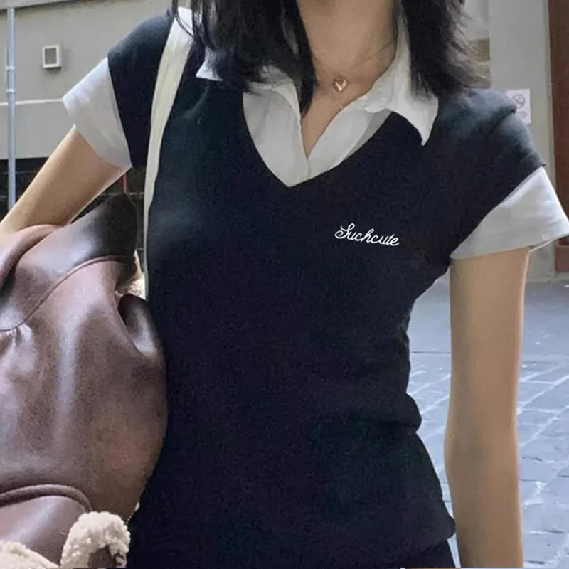 

Повседневная футболка Yangelo с коротким рукавом и воротником-поло в американском студенческом стиле, Женская облегающая трикотажная футболка для женщин