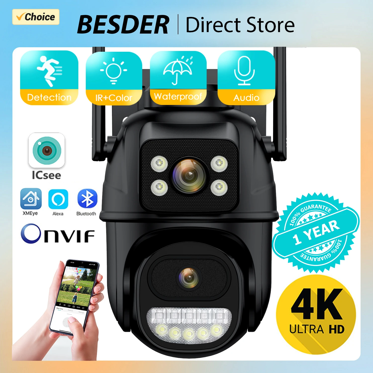 듀얼 렌즈 야간 투시 감시 카메라, AI 인간 감지, ONVIF 무선 야외 보안 PTZ IP 카메라, ICSEE, 4K, 8MP 와이파이