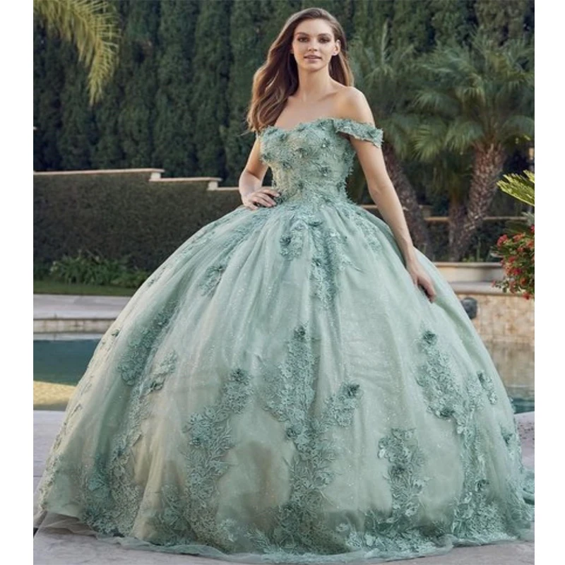 

Роскошные мятно-зеленые платья для Quinceanera 2023 с бусинами и цветочной аппликацией, милое платье 16, платье на шнуровке для выпускного вечера, на возраст 15 лет