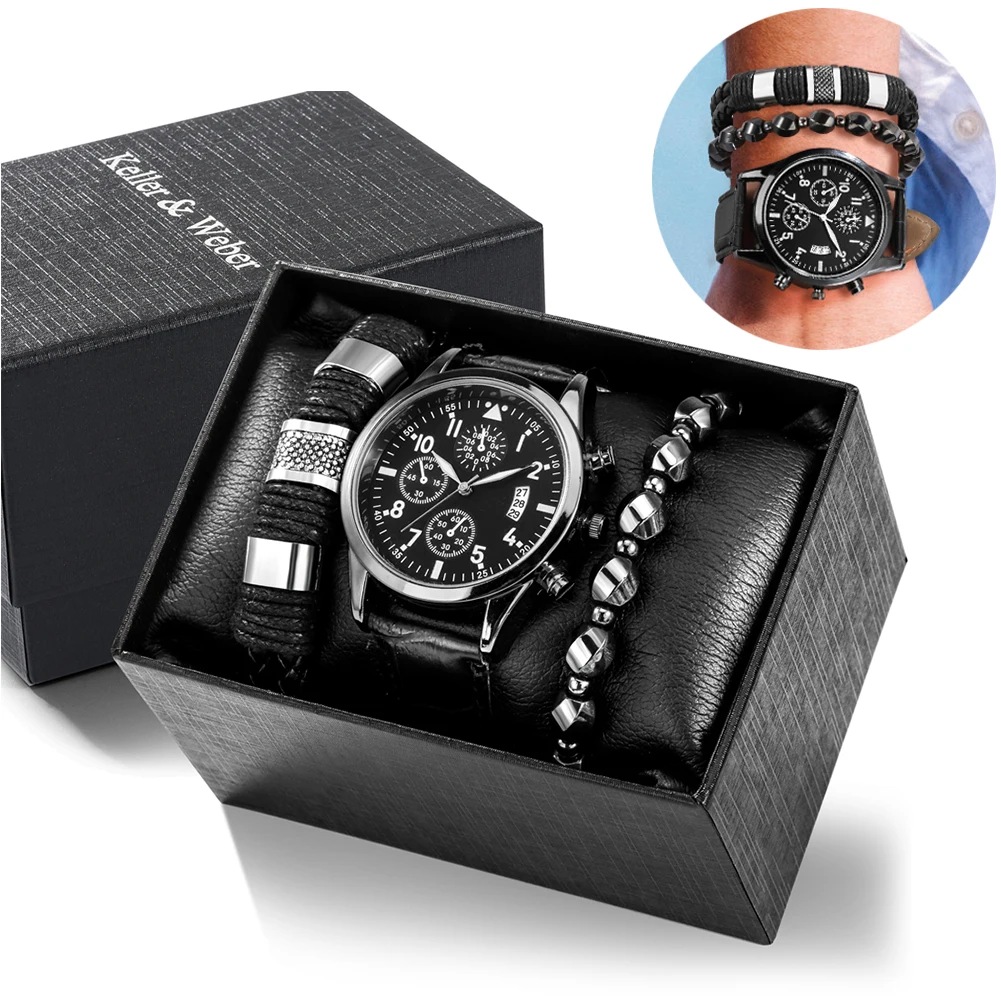 Clássico Men's Watch Bracelets Set Black Leather Quartz Relógios Homens Pulseira Ajustável Aniversário Natal Gift Box Kit para Masculino