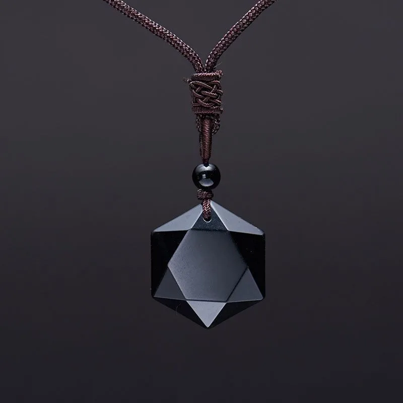 

Natural Pendulum Energy Stone Triangular Obsidian Pendant Necklace Handmade Woven Rope Hexagon Wrapped Jewelry For Mens Gift