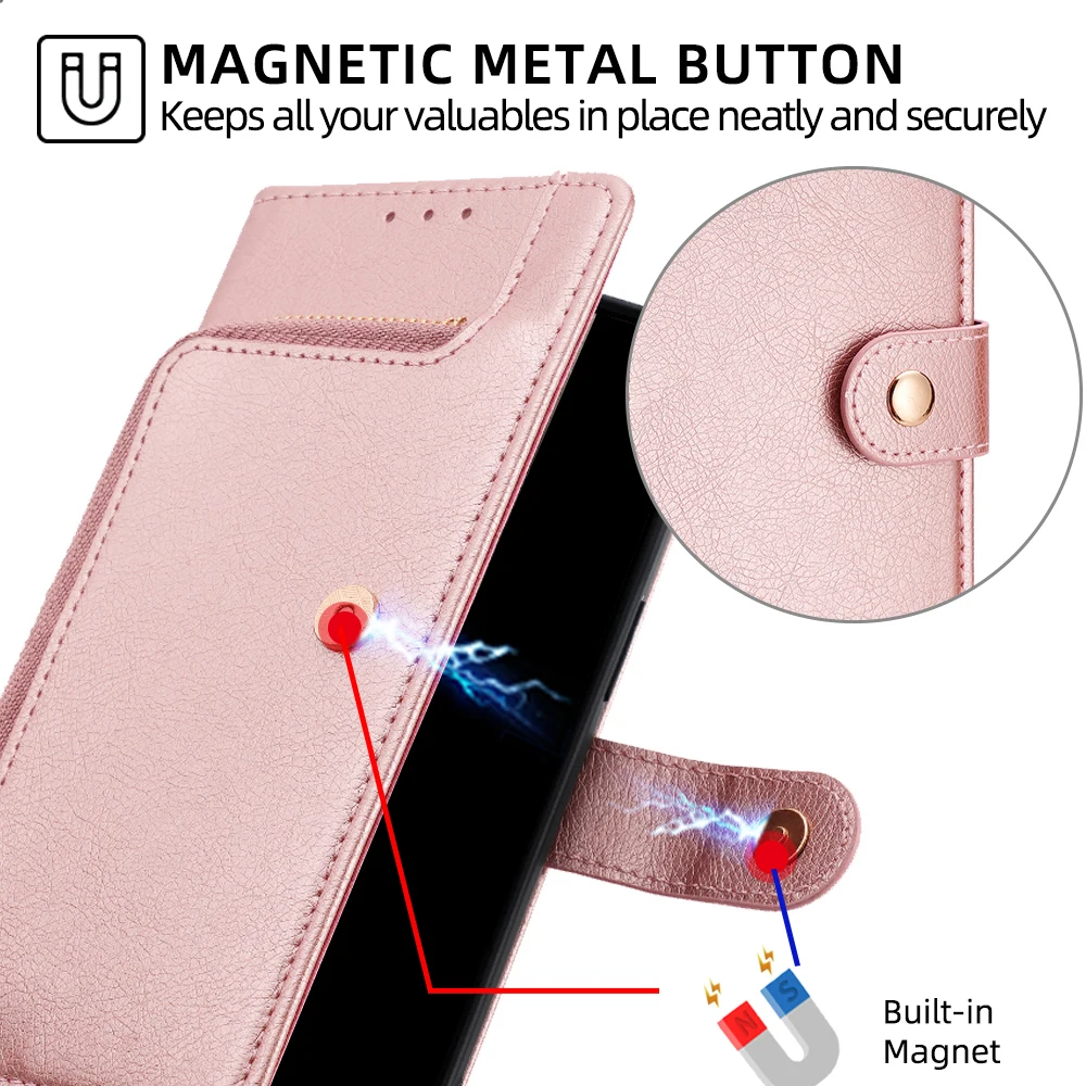 Ladies Magnet Buckle Zipper Wallet Flip Phone Case with Card Slots