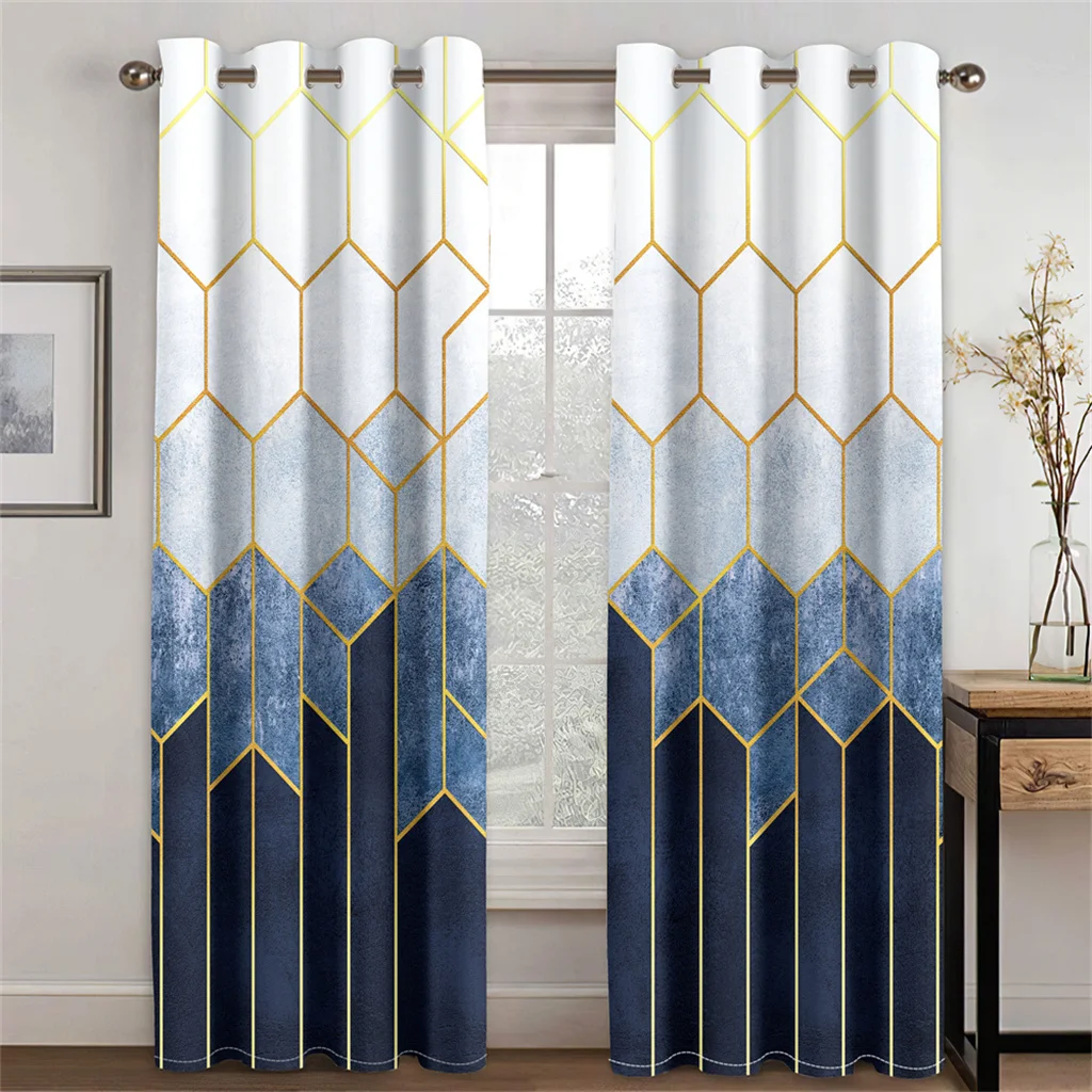 

3D Modern Abstract Geometric Art Blue Marble Texture 2 Pieces Shading Window Curtain For Living Room Bedroom Decor