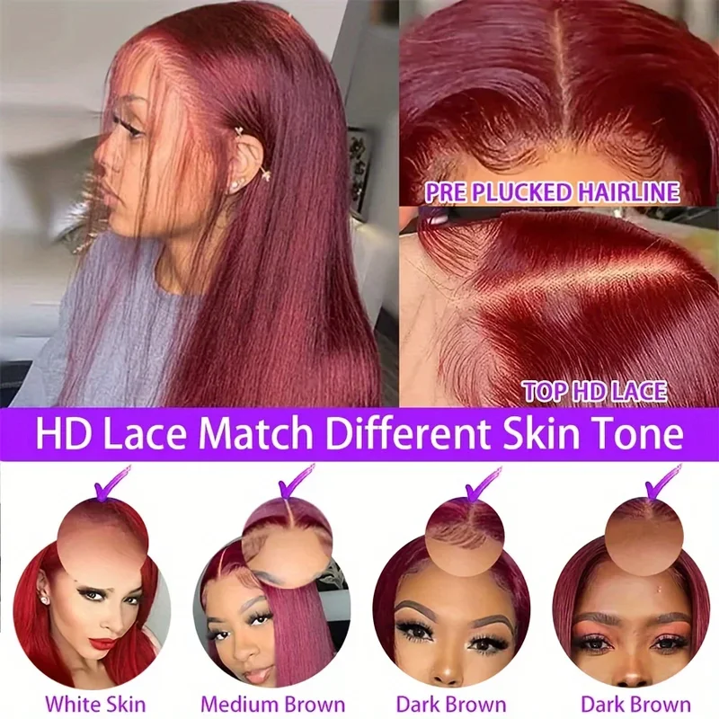 99J Burgundy HD Transparent Lace Frontal Human Hair Wigs Brazilian Colored 30 40 Inch Straight Red 13x4 13x4 Lace Front Wigs