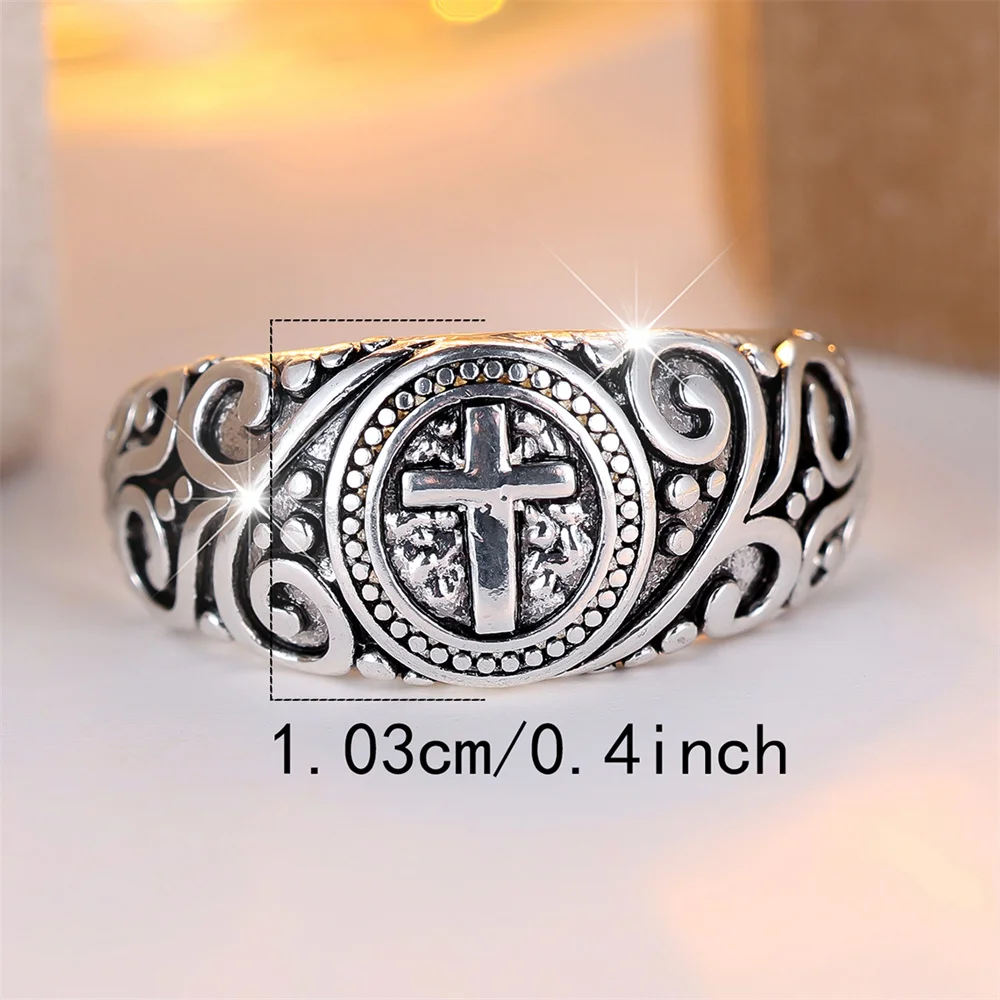 Male Female Classic Cross Vintage Flower Pattern Rings For Women Man Antique Silver Color Engagement Bands Wedding Jewelry Gift