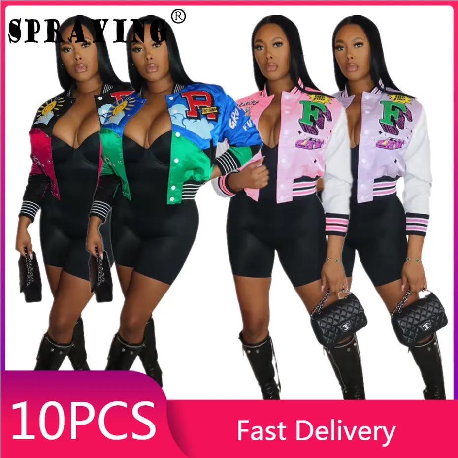여성용 10 Pcs 재킷 봄 2023 인쇄 싱글 브레스트 봄버 재킷 대량 품목 도매 제비 긴 소매 코트 S11019