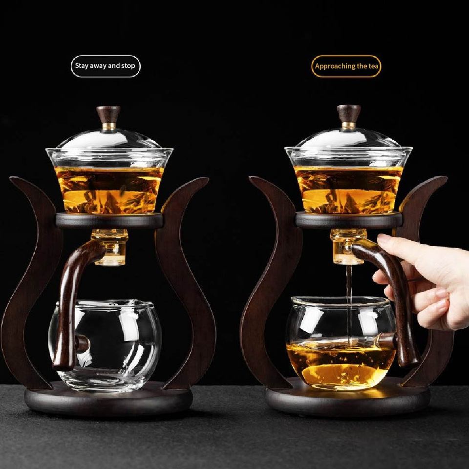 Lazy Kungfu Drip TeaPot Heat Resistant Tea Set Semi-Automatic Glass Teapot Suit for Magnetic Water Flow Wooden Glass Teapot Set