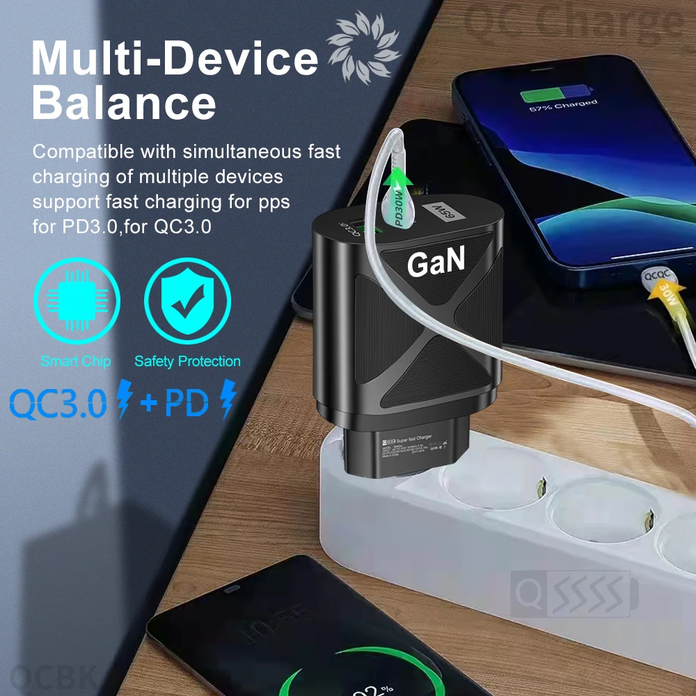 65W GAN Fast Charging QC3.0 USB Type C Charger 2 Port For iPhone Max Huawei Xiaomi Redmi Samsung EU/US Plug Wall Charger Adapter