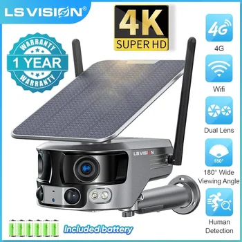 LS 비전 4K 180 ° 초광각 4G 태양 보안 카메라, 야외 와이파이 4 배 줌 듀얼 렌즈 PIR 인간 탐지 CCTV 카메라