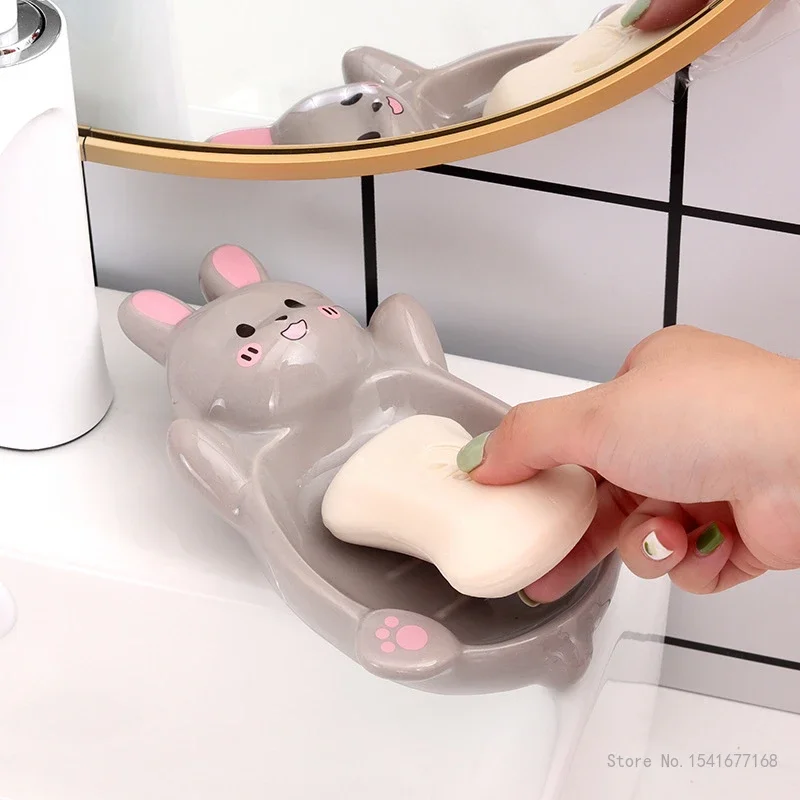 Cute Bunny Shaped Ceramic Drain Soap Box, Creative Light, Luxury, Kitchen, Bathroom Accessories, Soap Dish Storage Box, 1Pc