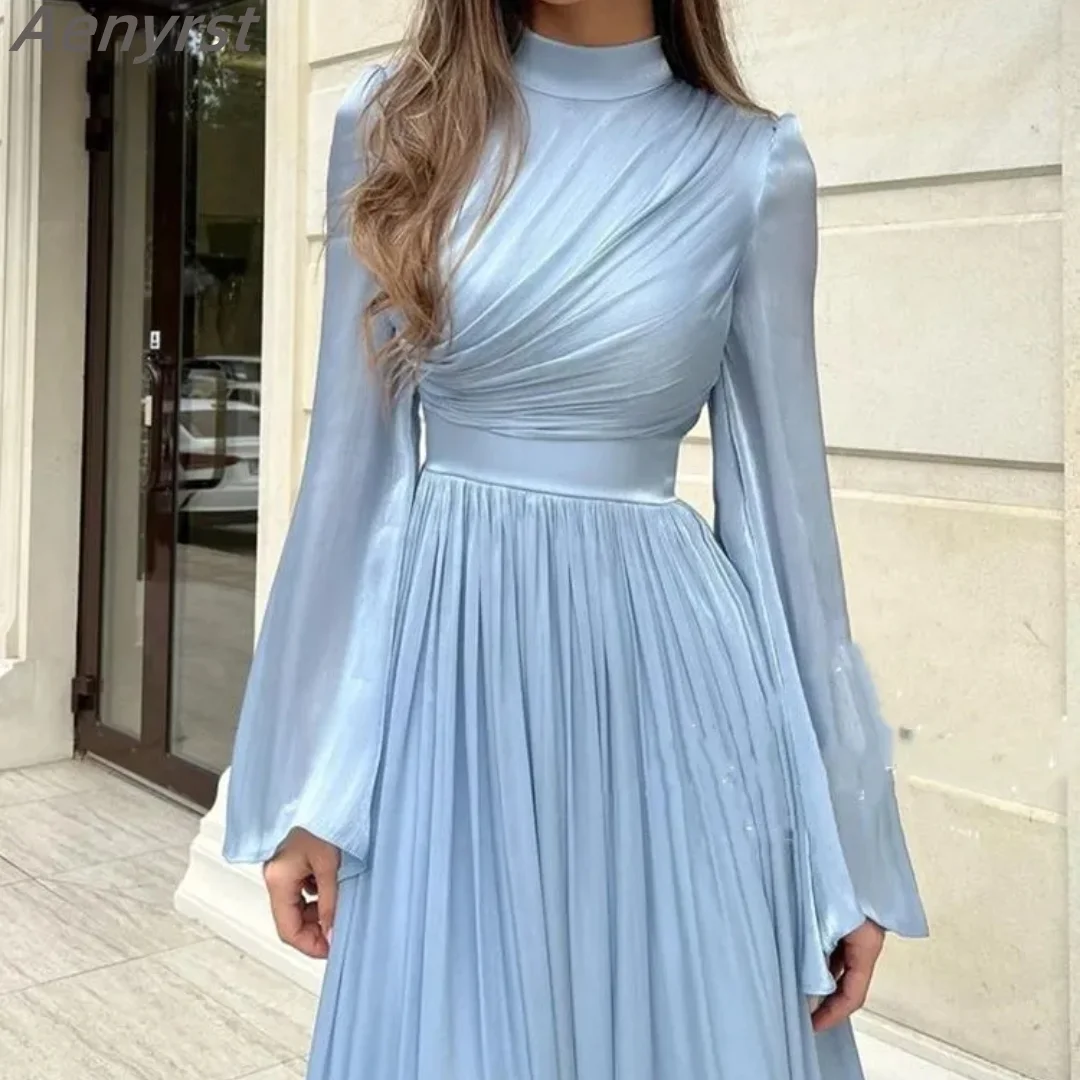 

High Collar Chiffon Evening Dress Sky Blue Long Sleeves Pleated Prom Dress A-line Floor Length Formal Occasion Dresses For Women