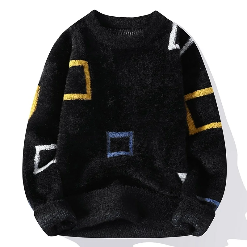 

#5845 Black White Blue Khaki Mohair Sweaters Men Long Sleeve Tight Knitted Pullovers Sweaters Male Teenagers Warm Knit Winter