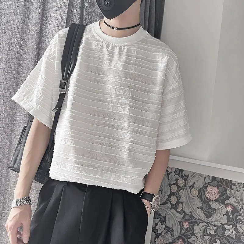 HOUZHOU 남성용 줄무늬 메쉬 티셔츠, 해변 반팔 티, 반투명 통기성 상의, O-넥 캐주얼 스트리트웨어, 여름