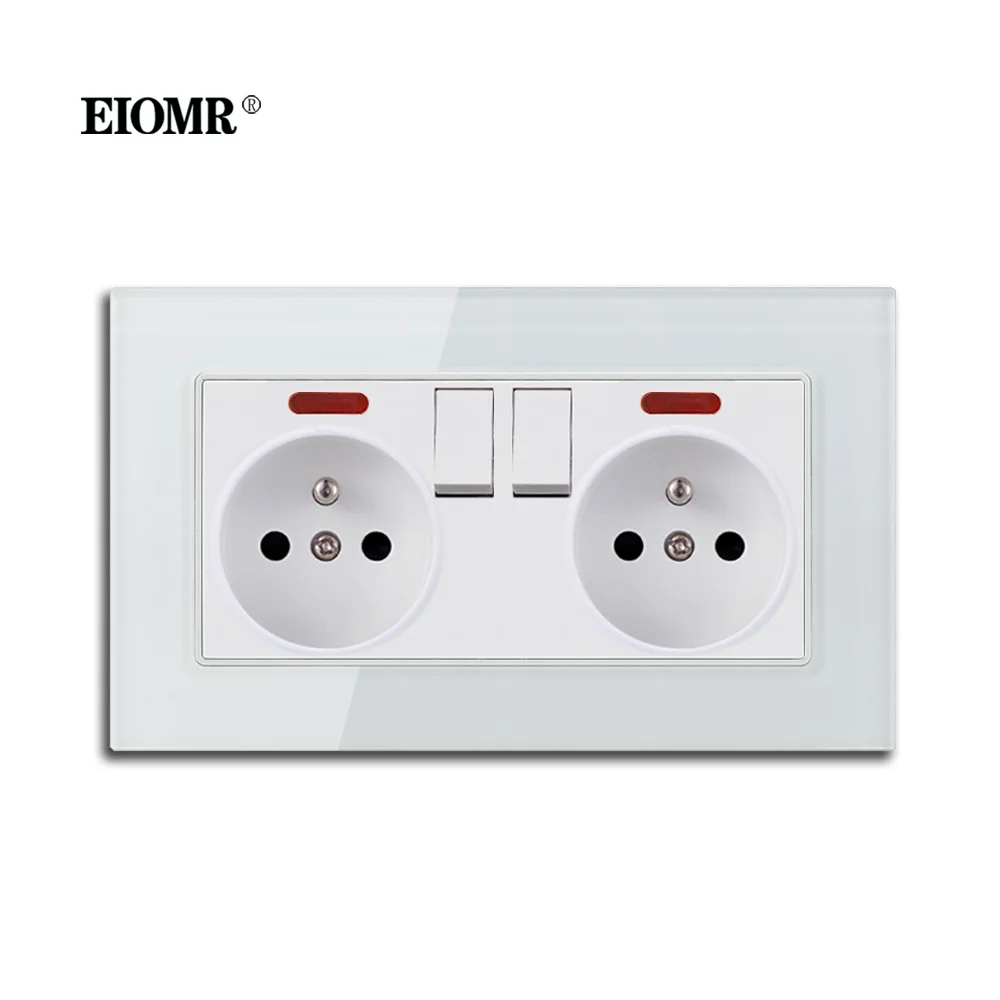 Eiomr-eu Tomada Dupla com Interruptor Painel de Vidro Cristal 146 mm 86 mm Indicador Led Tomada de Parede 16a França Rússia Espanha