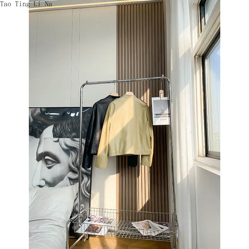 2023 Women New High Quality Genuine Sheep Leather Jacket Small Gold Button Real Sheepskin Leather Coat W18