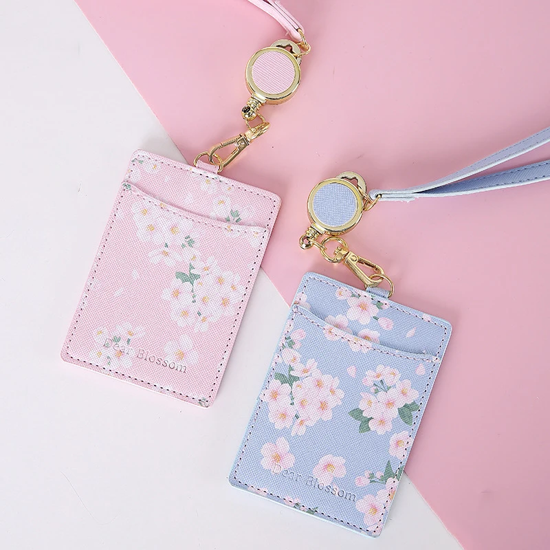 Kawaii Sakura Card Holder Lanyard Photocards ID Business Card Holder Portable Case Korean Stationery Office Supplies