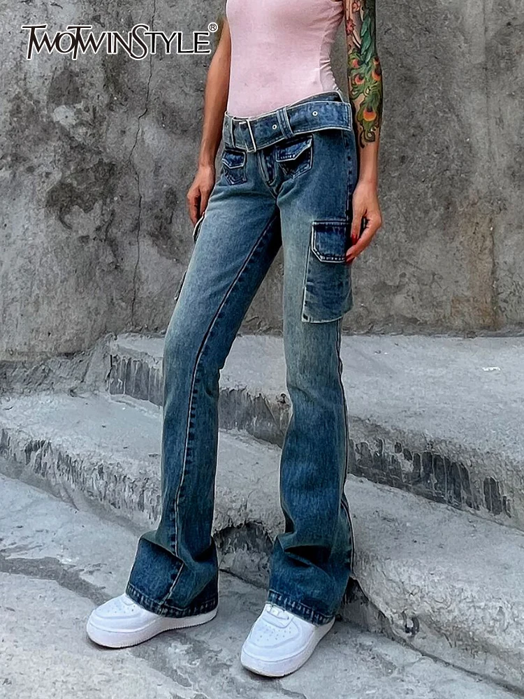 

TWOTWINSTYLE Pockets Wide Leg Pants For Women High Waist Loose Patchwork Vintage Denim Trousers Female Autumn Clothing New 2022