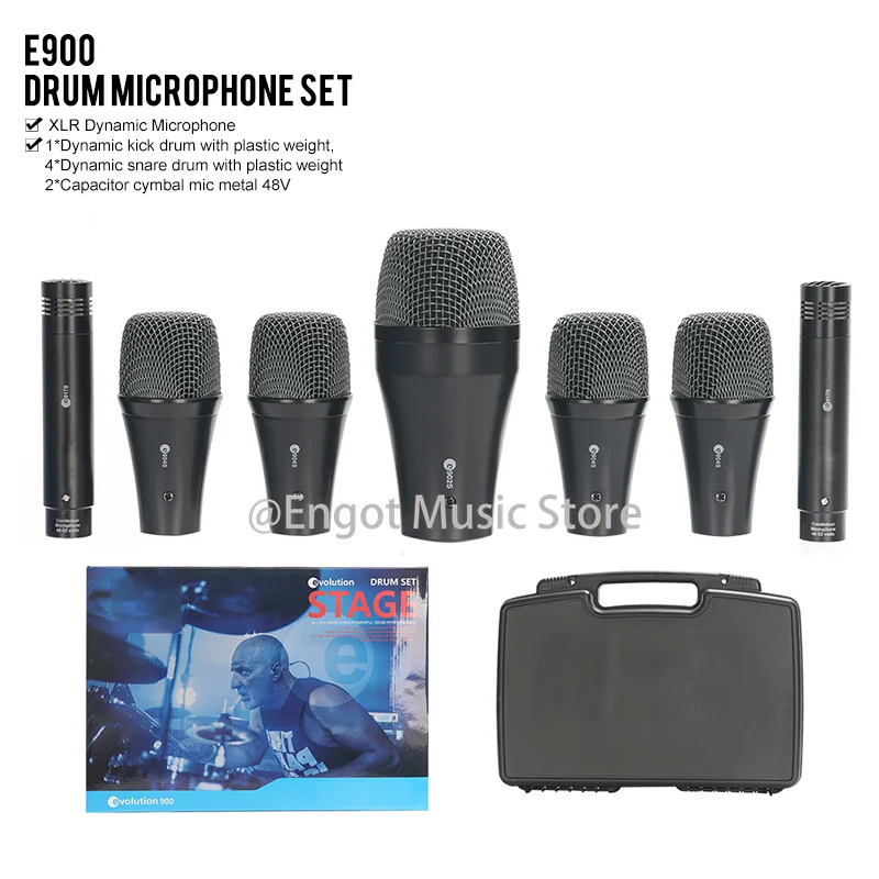 E900 7Piece Drum Microphone Kit Set (All Metal), Tom/Snare & Cymbals