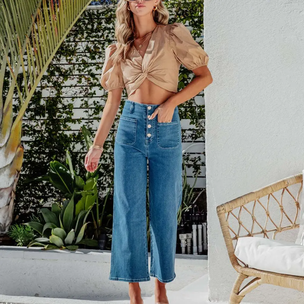 

Women Ninth Jeans High Waist Loose Straight Pockets Solid Color Streetwear Buttons Wide Leg Casual Women Summer Jeans