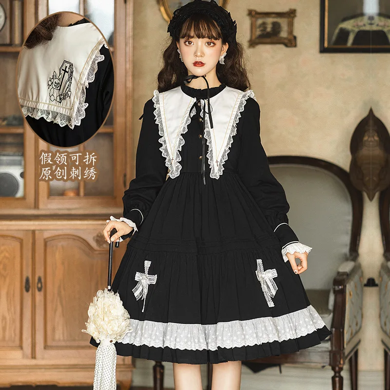 

Lolita Dress Halloween Autumn And Winter Dark Gothic Solid Color Simple Long-sleeved Op Dress