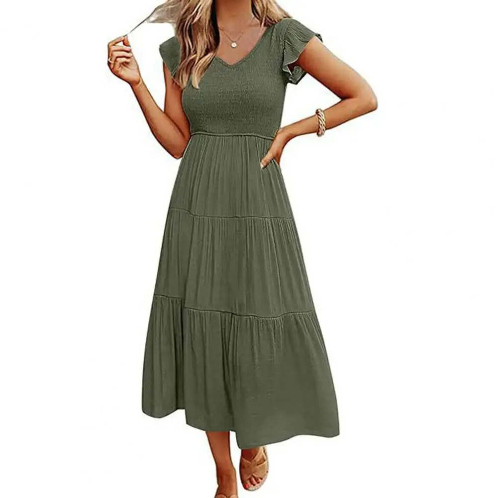 

Women Pleated A-line Dress with Flying Sleeves V Neck Commuting