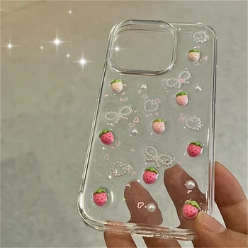 Cute 3D Strawberry Glitter Case For iphone 17 Air 16 14 13 11 Pro Max 15 Plus 12 Mini X XR XS Bowknot Pearl Epoxy Clear Cover 1