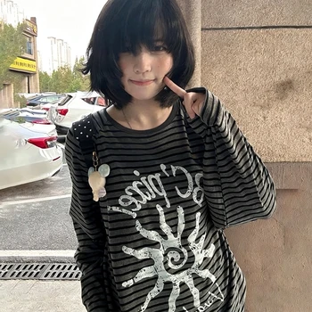American Street Sun Print Striped Women's Long Sleeve Shirt Autumn Loose Casual Round Neck Fashion Oversize Women's Top Y2k 1