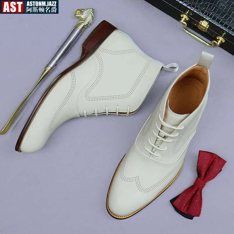 White Mens Leather Boots Men's Genuine Leather Dress Shoes English