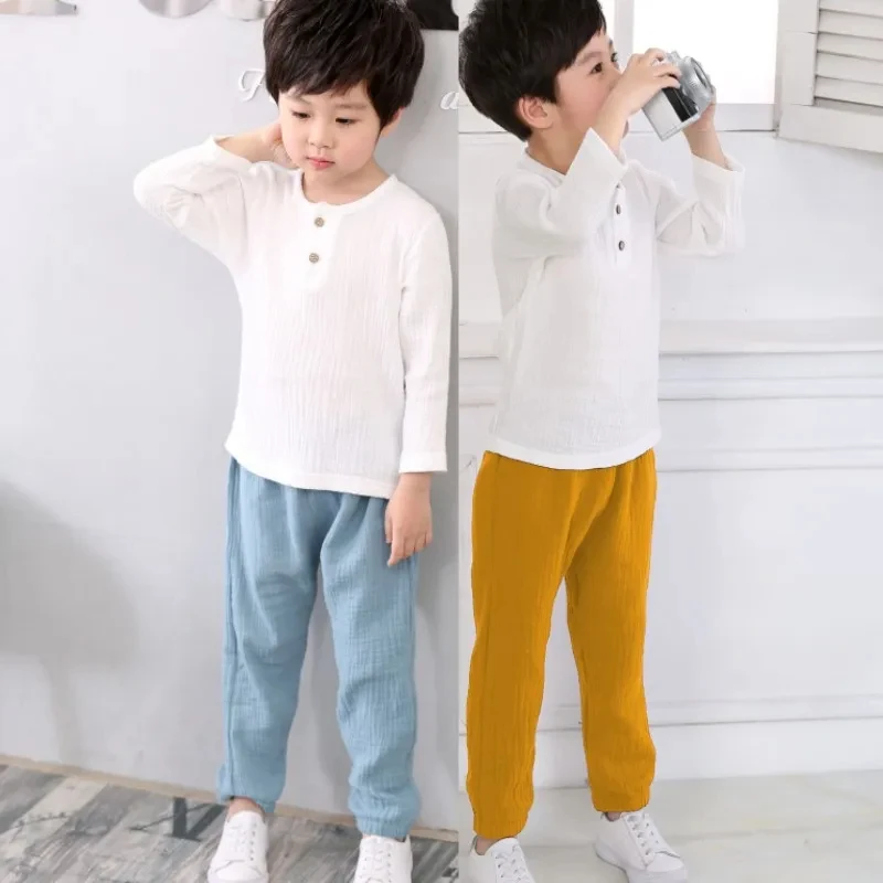 Bambini ragazzo ragazza vestiti Set per la festa manica lunga neonato camicie pantaloni larghi bambino bambini 1-6Y primavera estate vestiti di mussola - immagine 4