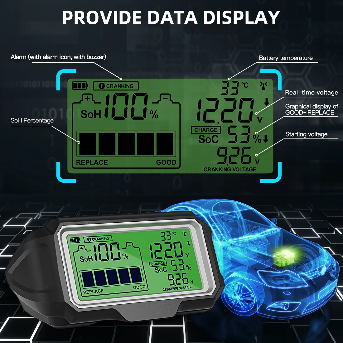 QUICKLYNKS BM5-D 12V LED Battery Tester Monitor Head Up Display Waterproof Battery Health Tester Analyzer Charging Tool