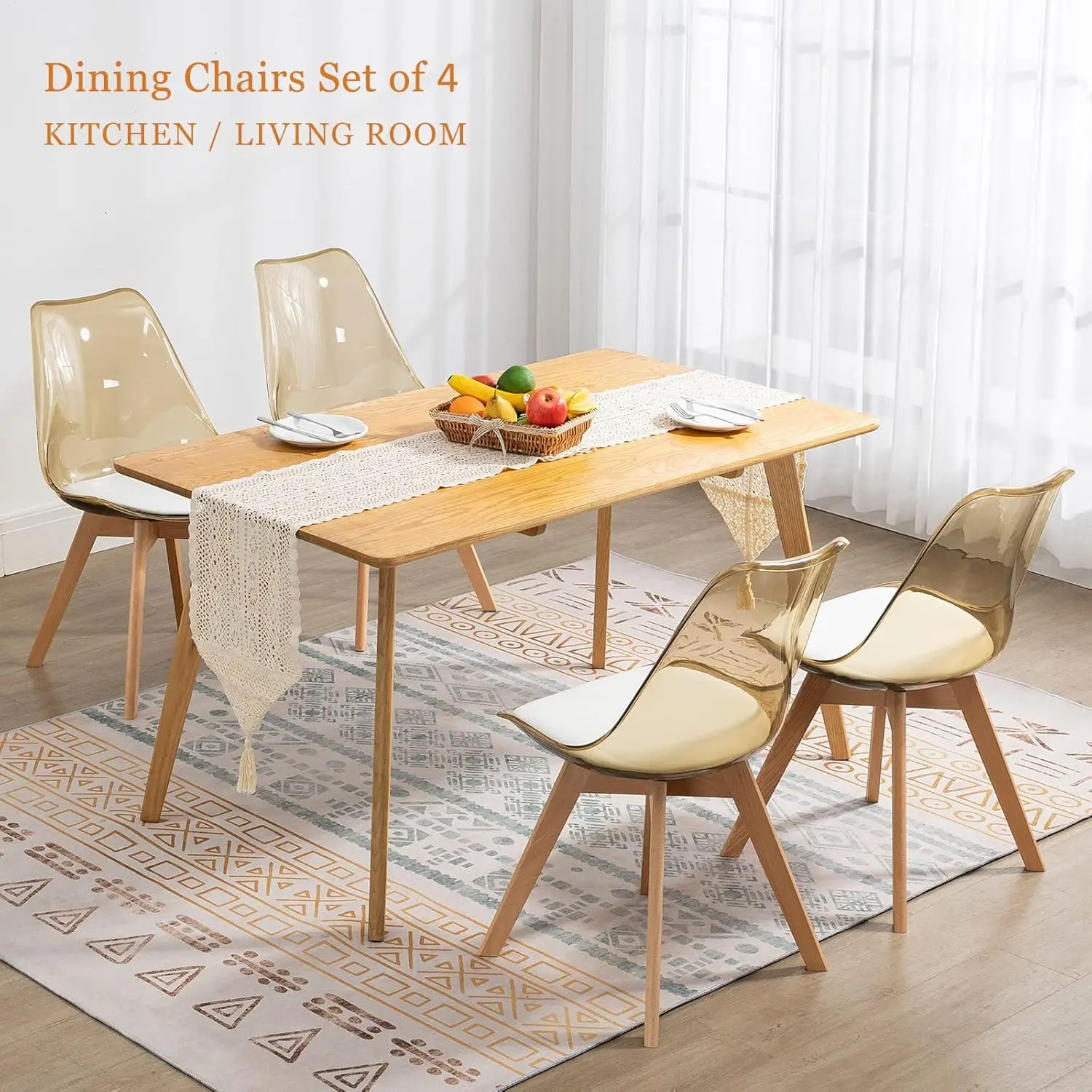 Dining Chairs Set of 4, Modern Kitchen Clear Acrylic Accent Dinner Chairs with PU Leather Cushions Seat and Solid Beech Le