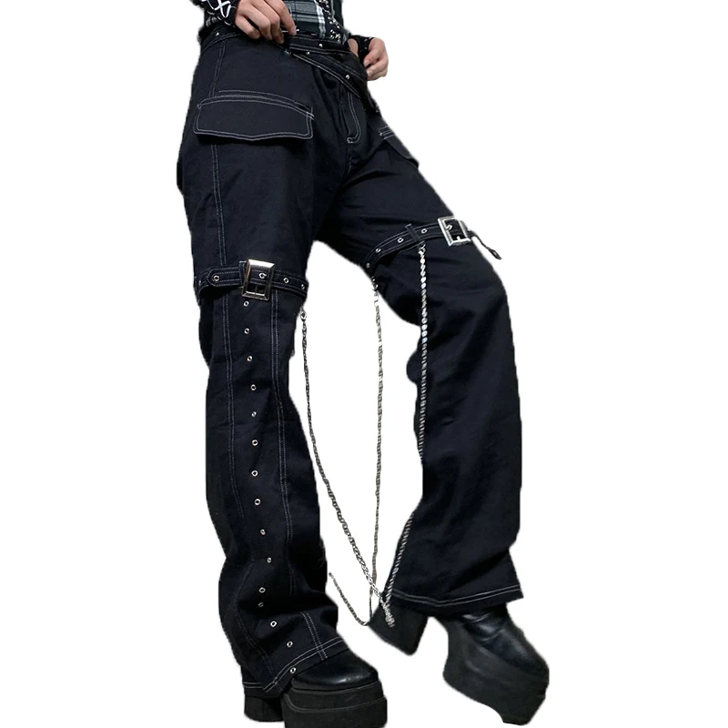 2022 Emo Punk Chain Pants Black Denim 