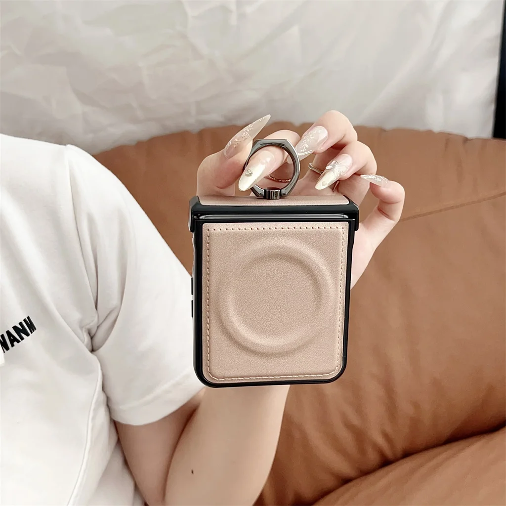 Magnetic Ring Holder PU Leather Stand Shockproof Phone Case with Hinge Protection