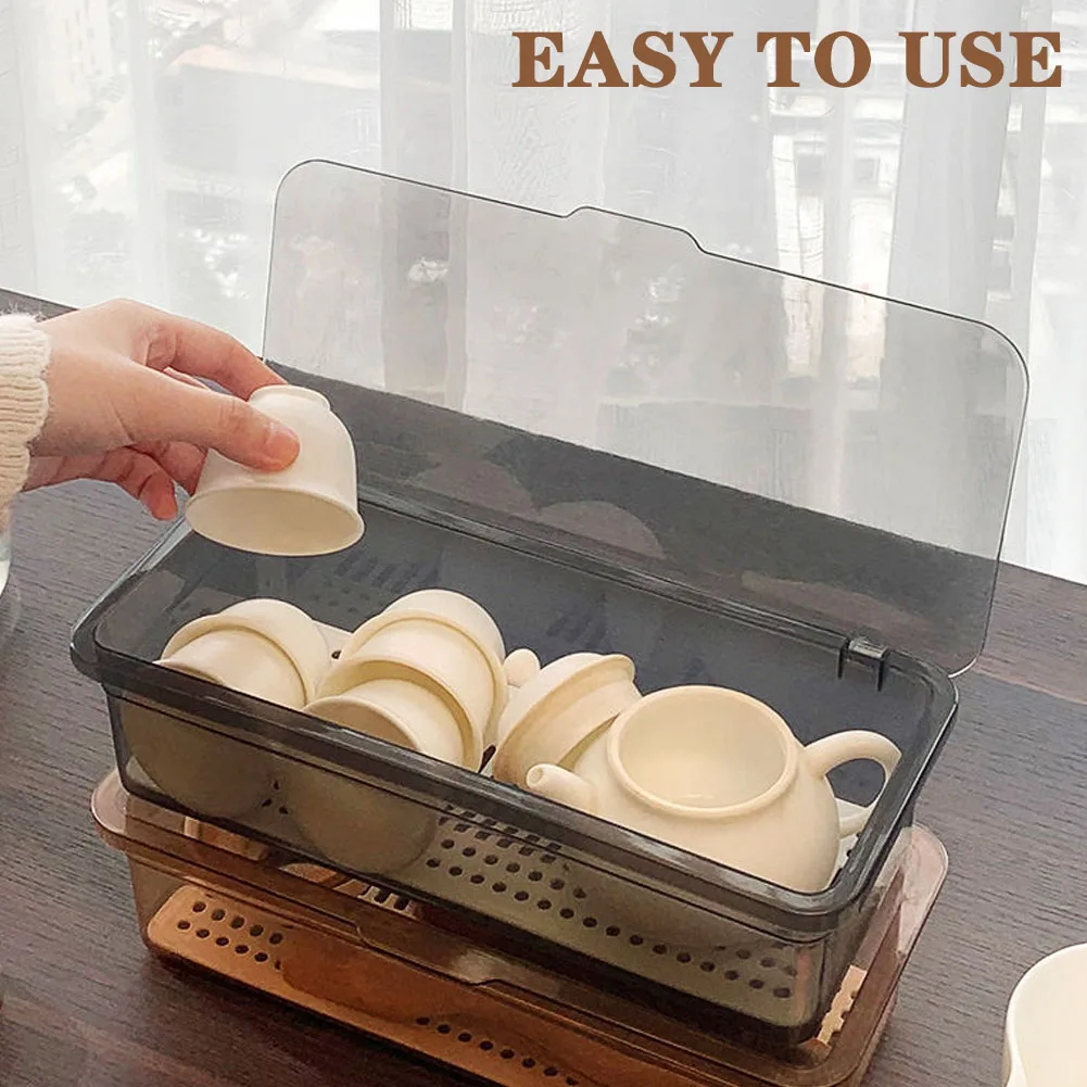 Tea Set Storage Box Transparent Cutlery Tray With Lid Drain Large Capacity Dustproof Cutlery Holder Desktop Dustproof With Cover
