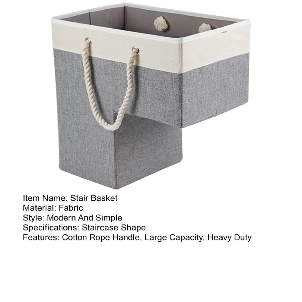 Foldable Stair Basket Portable Cotton Rope Handle Heavy Duty Fabric Carpeted Wooden Staircase Storage Organizer Container Holder 5