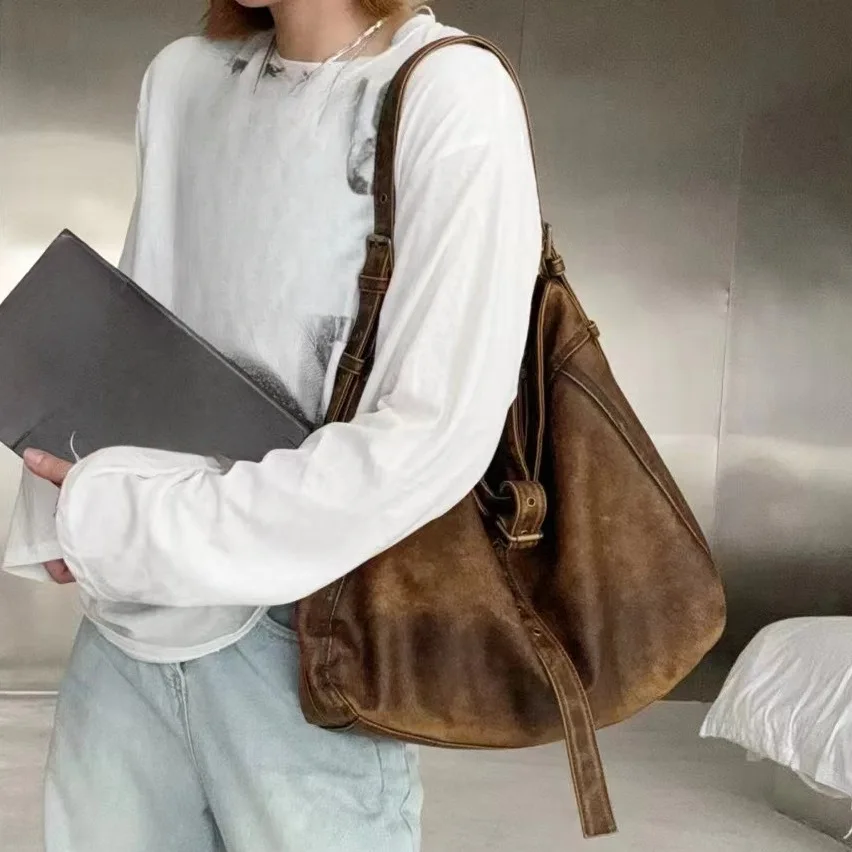 Women's Fashion Vintage Washed Soft Leather Tote Bag Large Capacity Commuter Multi-Pocket Shoulder Messenger Bag