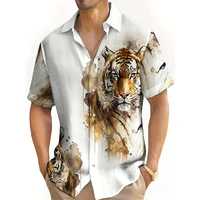 Painting Tiger Pattern Men's Vintage Short Sleeve Button Down Shirt, Men's Leisurewear For Summer Holiday Men's Oversized Shirts 1