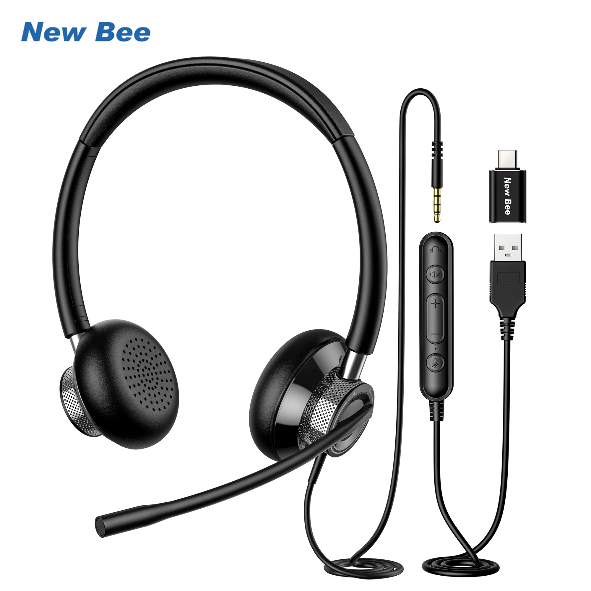 New Bee H361 비즈니스 헤드폰, 마이크 음소거 USB 헤드셋, 회전식 마이크, 소음 차단 콜센터, PC 3.5mm
