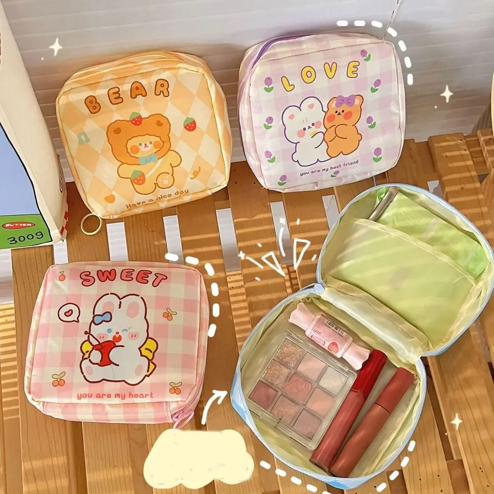 

Handbag With Lanyard Zipper Makeup Bag Grid Korean Storage Bag Sanitary Napkin Bag Cartoon Cosmetic Bag Women Coin Purse