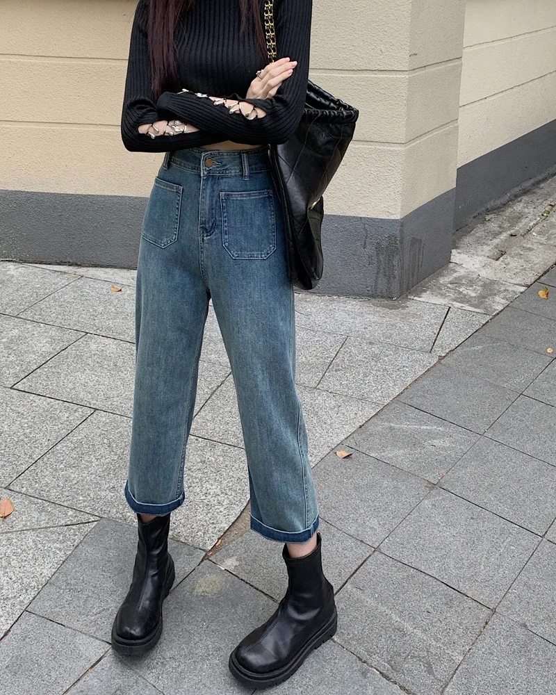 Spring Fall Fashion Girls Jeans Loose Wide Hem Cropped Cotton Denim Pants for Young Lady with Front Pockets