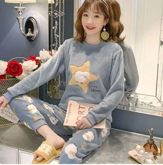 New Autumn Winter Warm Flannel Women Pyjamas Sets Thick Coral Velvet Long Sleeve Cartoon Sleepwear Flannel Pajamas Set Girl