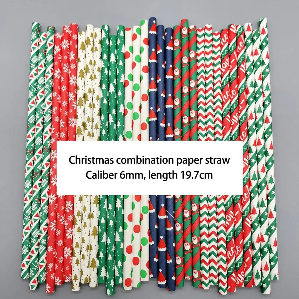 100Pcs Christmas Straws Festive Print Disposable Paper Drinking Straws Biodegradable Paper Christmas for New Year Party
