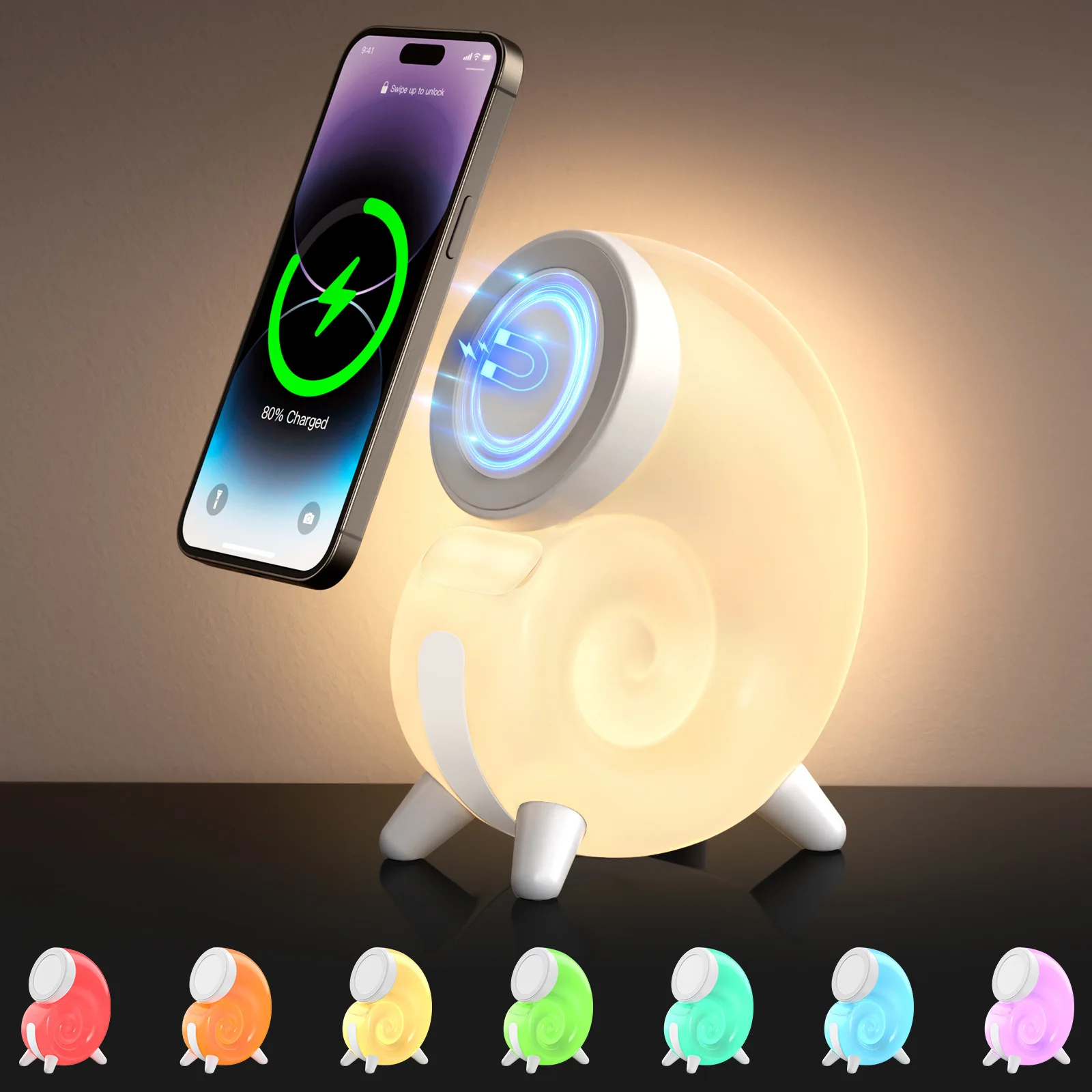 Conch 15W magnetic wireless charging colourful ambient light fast charging night light table lamp multifunction