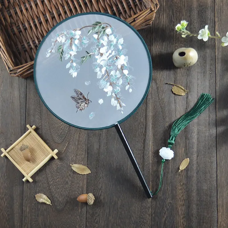 Double Sided Embroidery Dance Fan, Antique Style Round Shaped Tenghua Hanfu Special Suzhou Decoration, Embroidery Versatile, 1Pc