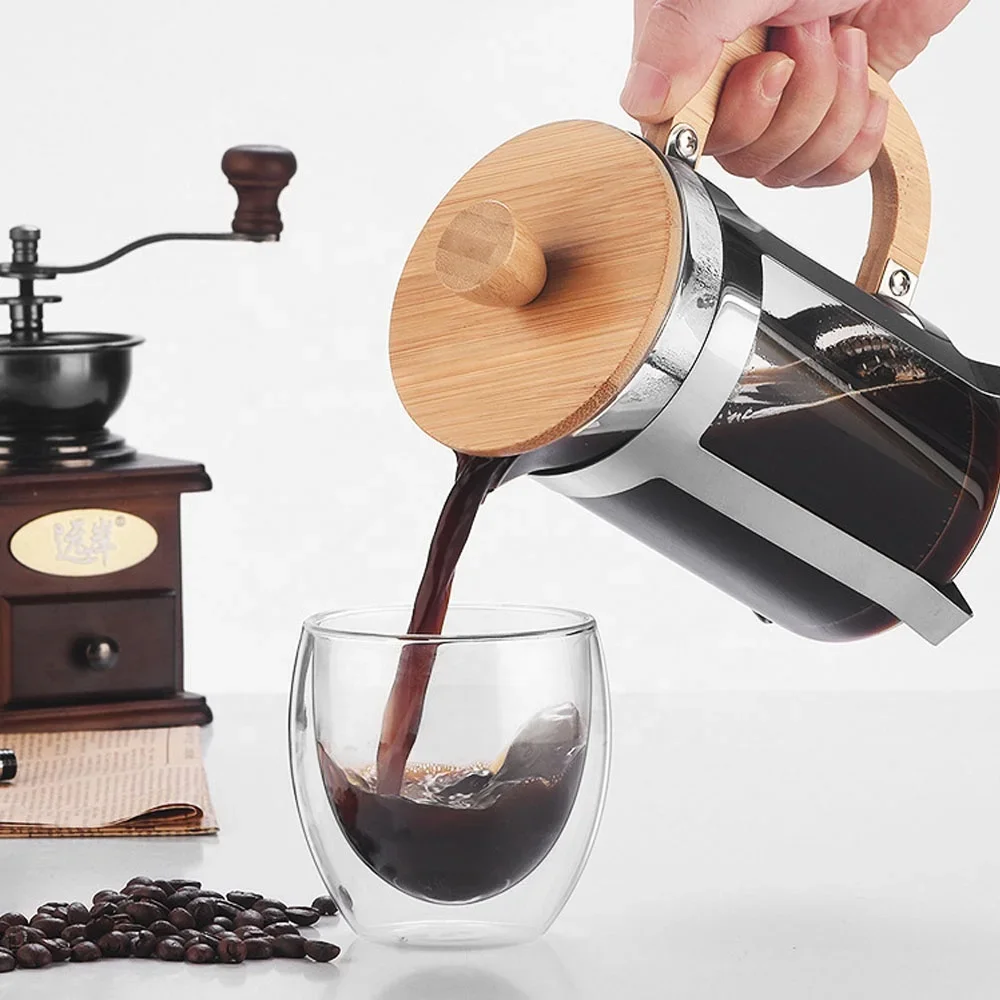 350/600ml Stainless Steel Pressing pots Food Grade Press type Wooden handle Maker French Transparent Press for Coffee and Tea