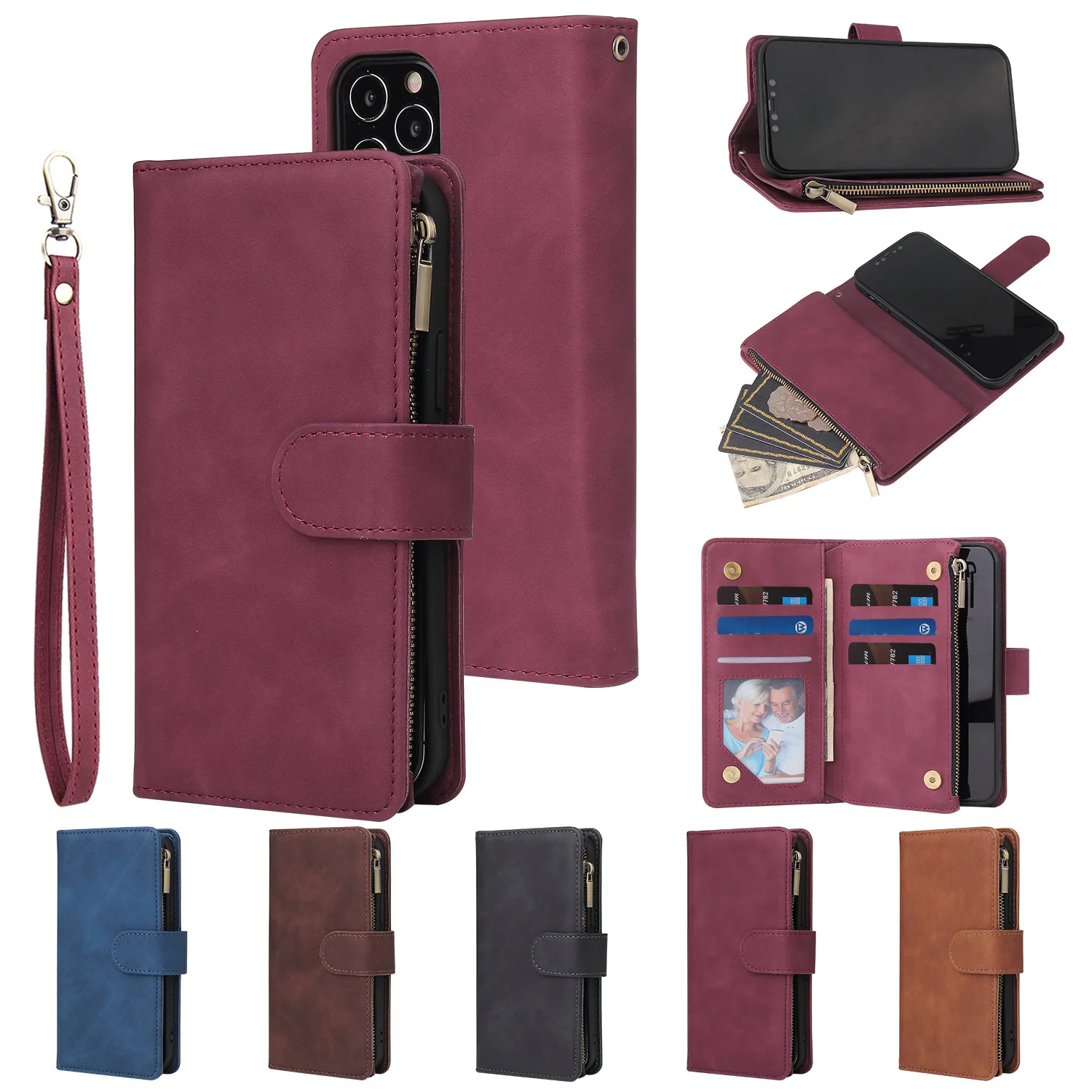 

Features Multi-Card Zipper Multifunctional Wallet with Buckle Rope for IPhone13 Case IPhone12 Flip Card Holder Holster