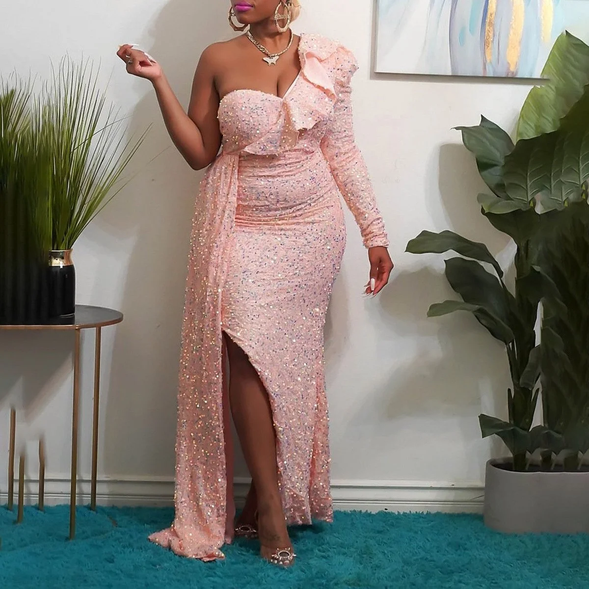 

SUJYing New Fashion Spring 2023 Dress Fashion New Style Single Shoulder Beaded Bridesmaid Dress Party Long Dress Women's Dress