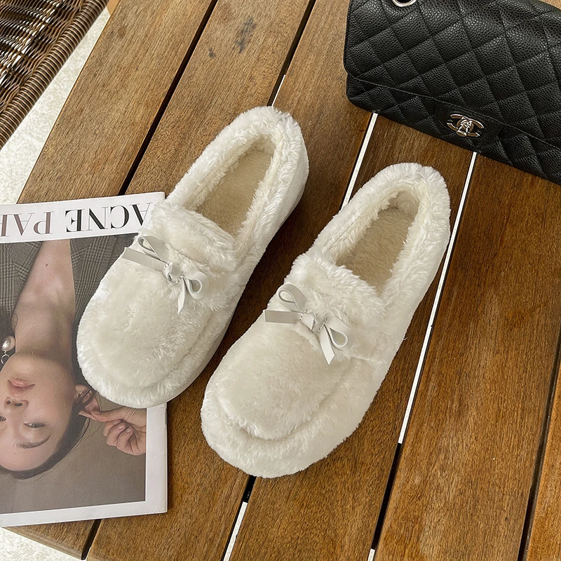 

Women Loafers 2023 Winter Fur Flat Shoes Women Warm Plush Bow Women Shoes Causal Slip on Shoes for Women Zapatos De Mujer