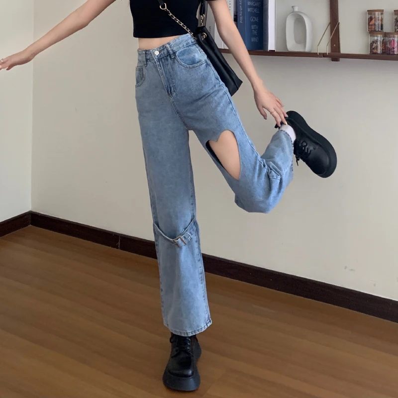 JMPRS Streetwear Women Jeans High Waist Love Hollow Out Designed Wide Leg Denim Pants 100% Cotton Casual Female Loose Jeans New bootcut jeans