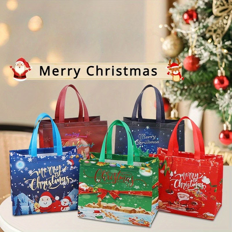 Christmas Gift Bags with Handles - Random Style Reusable Non-Woven Shopping Bags for Holiday Gifts, Party Favors and Decorations